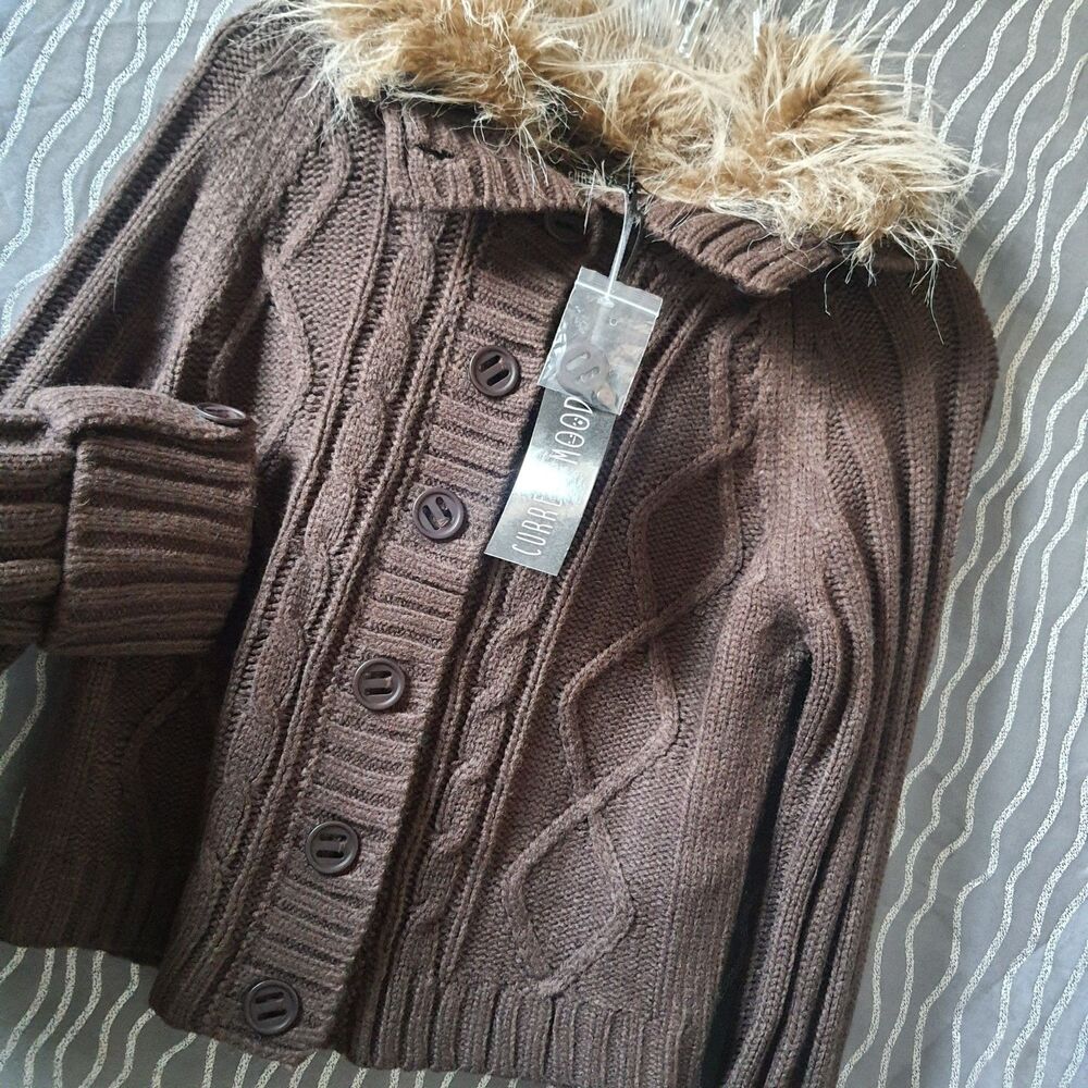Current Mood Dolls Button-up Knit Sweater Large Faux Fur Collar Dolls Kill NWT